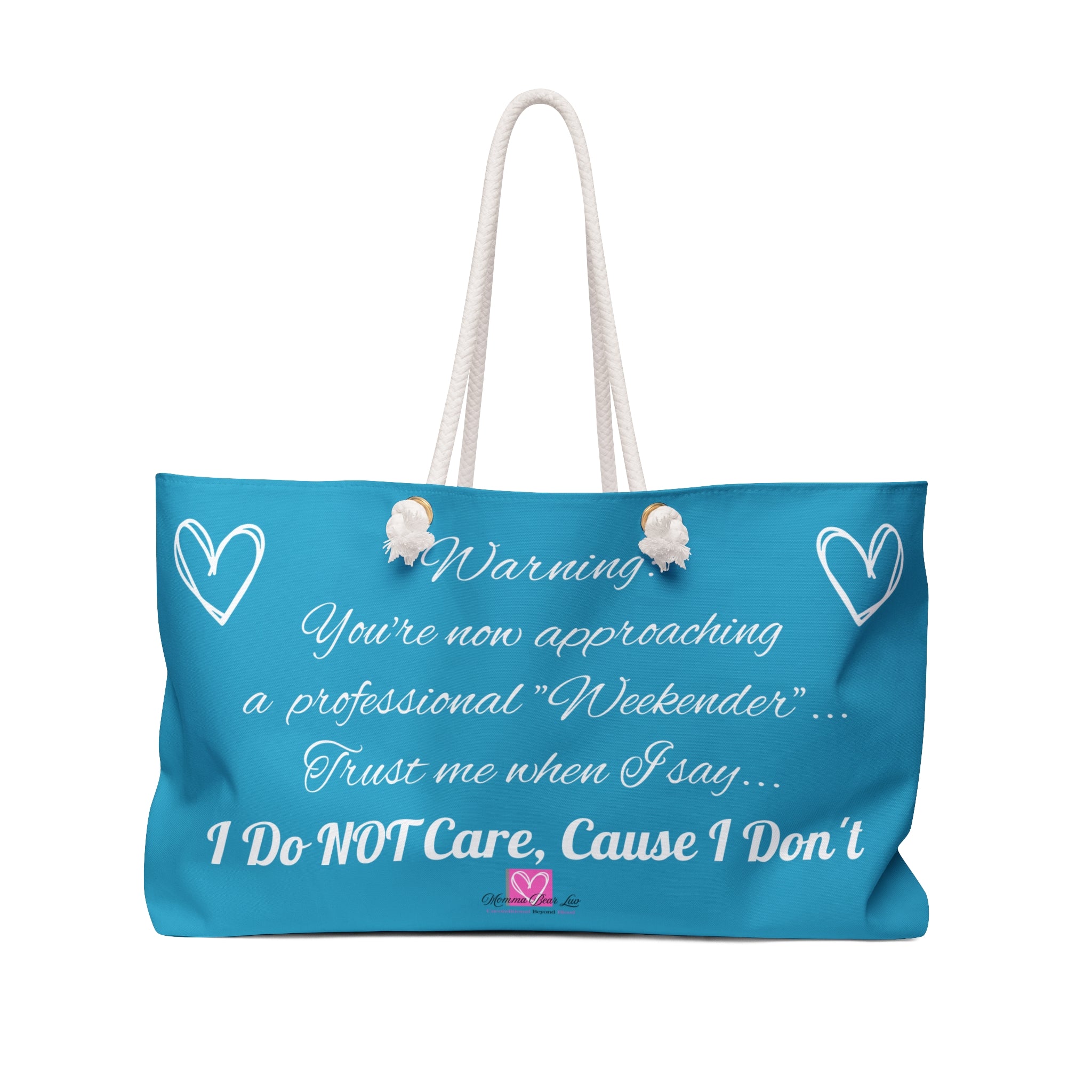 Blue tote bag with humorous text.