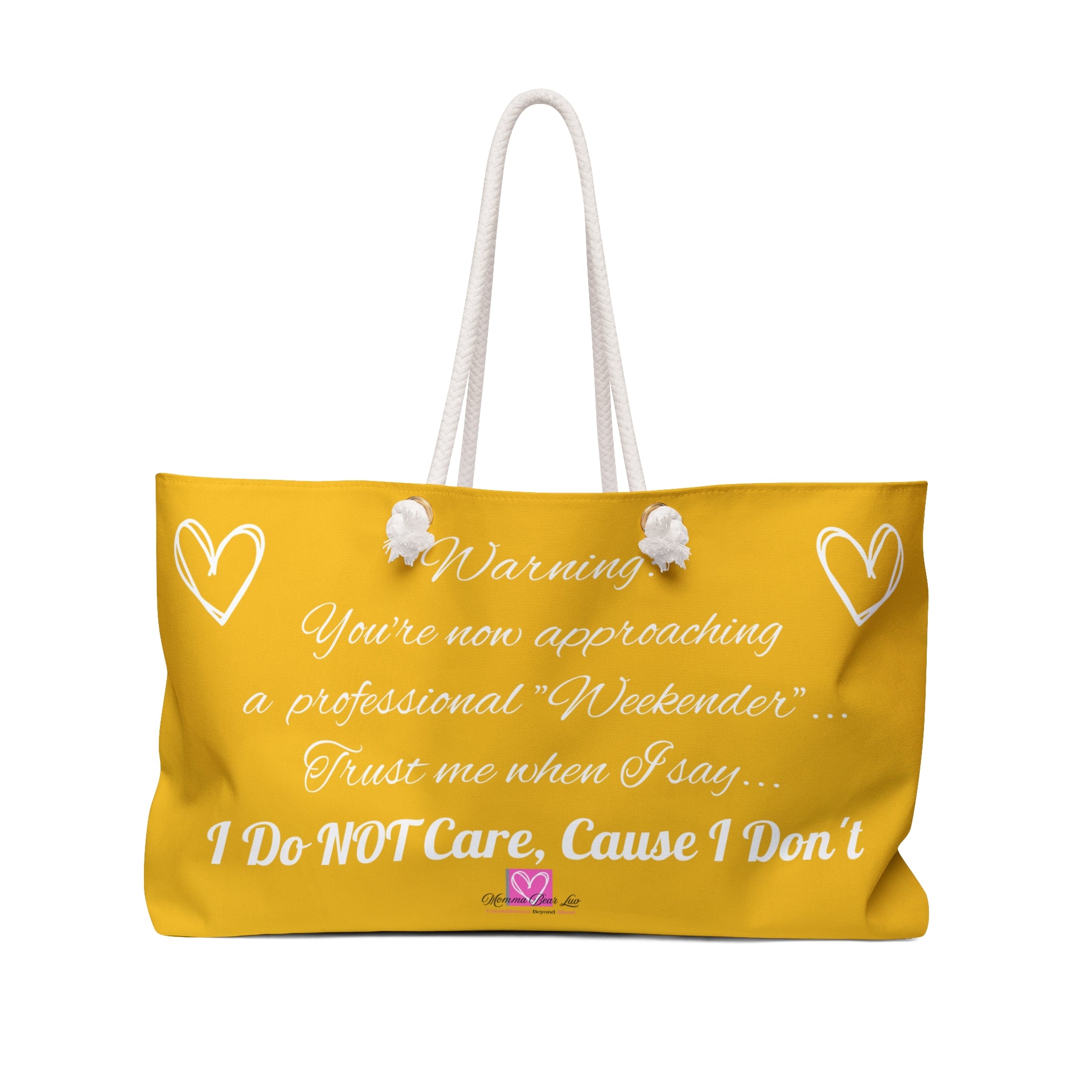 Yellow tote bag with white text and hearts on a white background