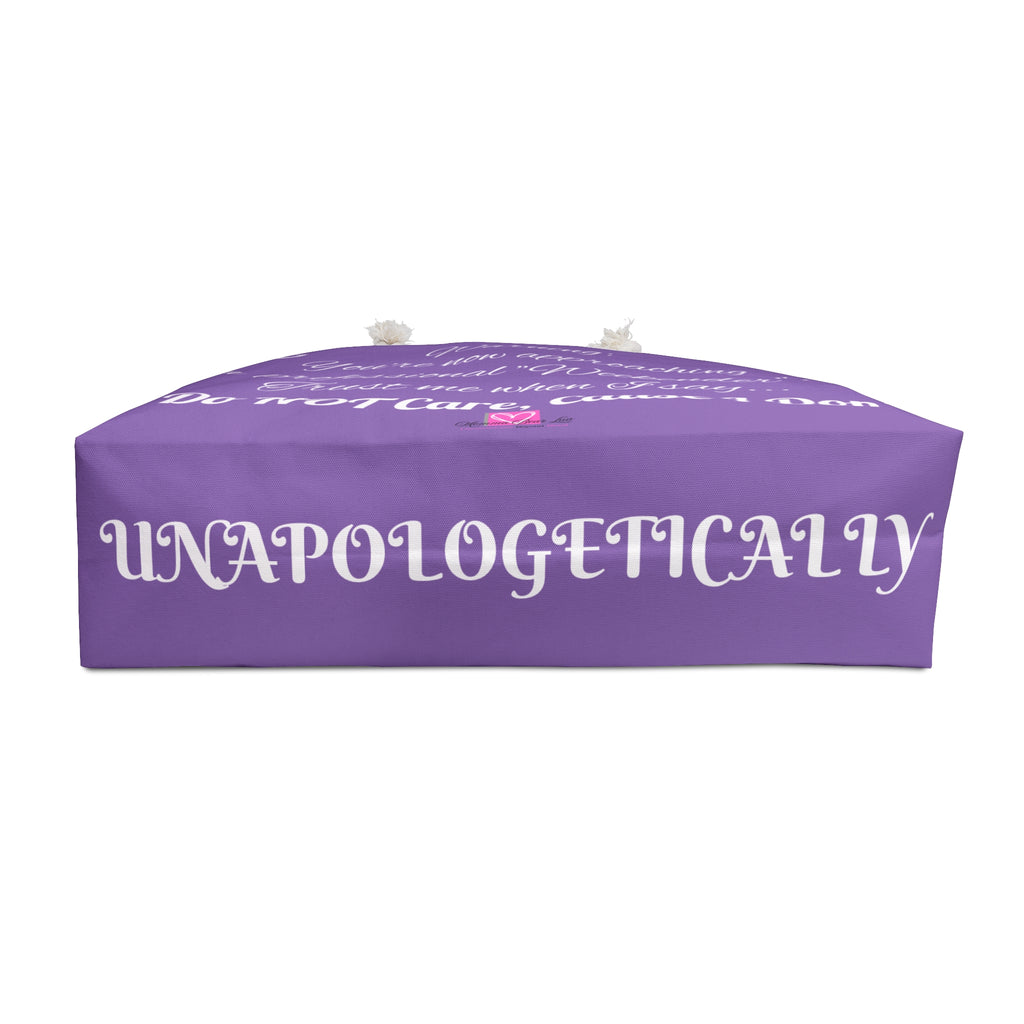 Purple cushion with white text on a white background