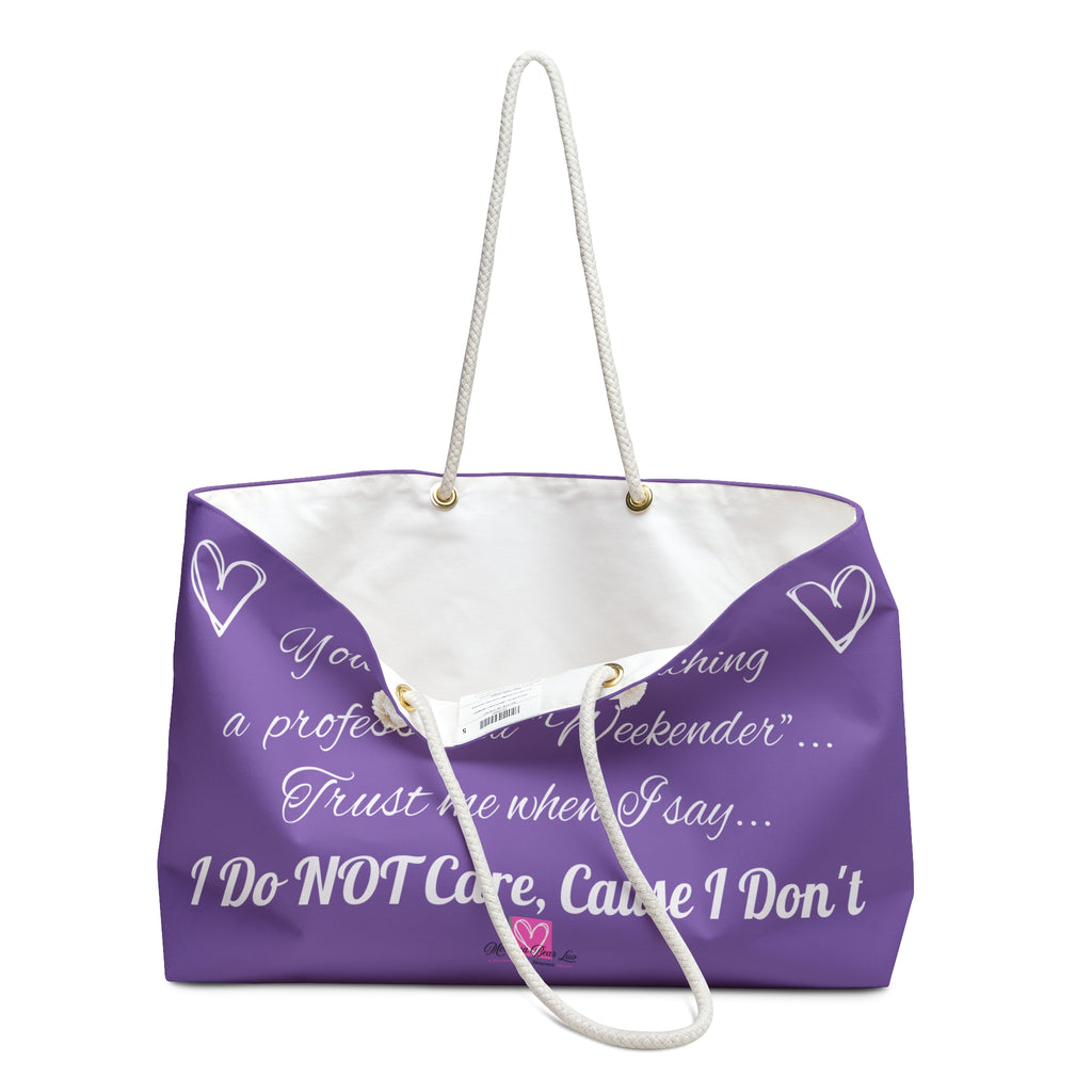 Purple tote bag with white text and hearts on a white background
