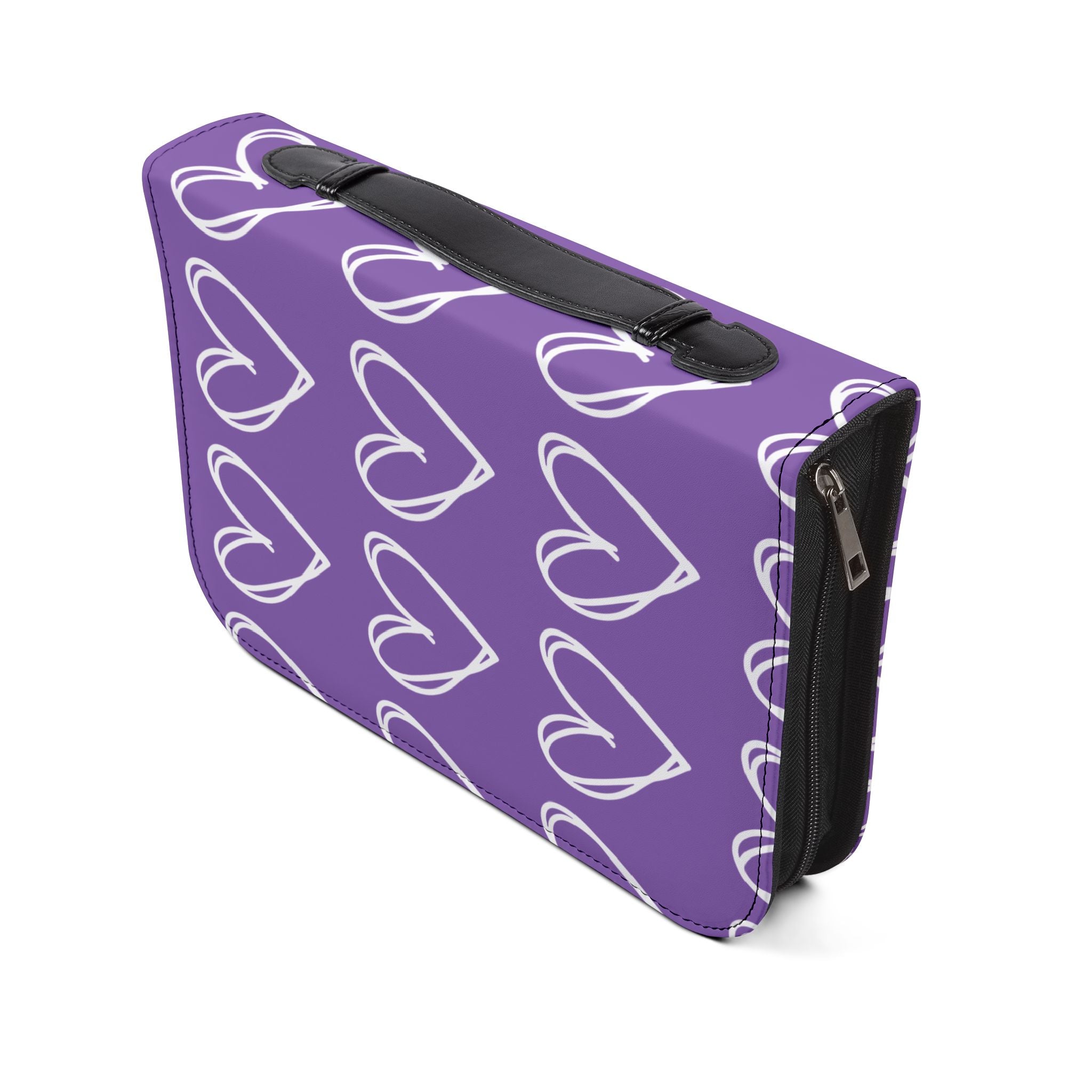 Purple bible cover with white heart design.  