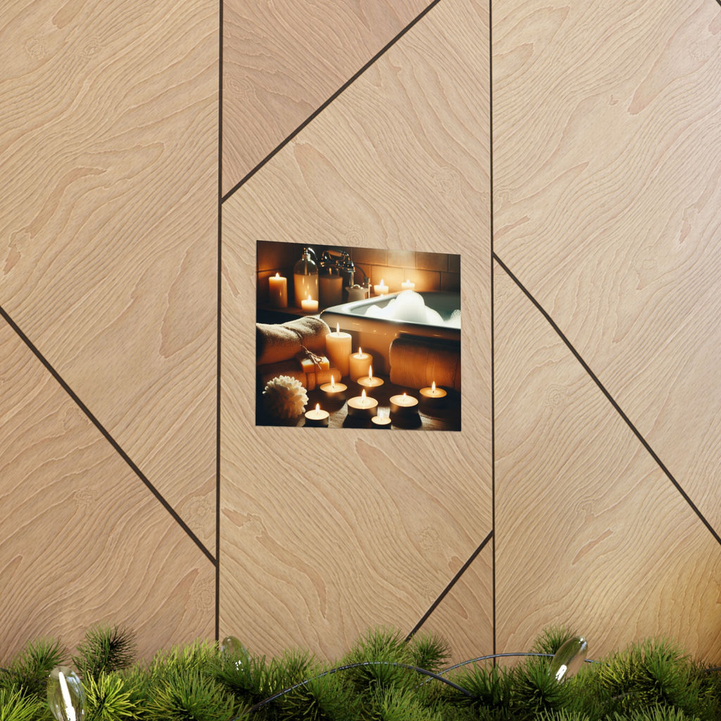 Matte poster of relaxing scene with candles and a bathtub filled with bubbles. Great idea to frame and hang in any space created or used to simply RELAX. 