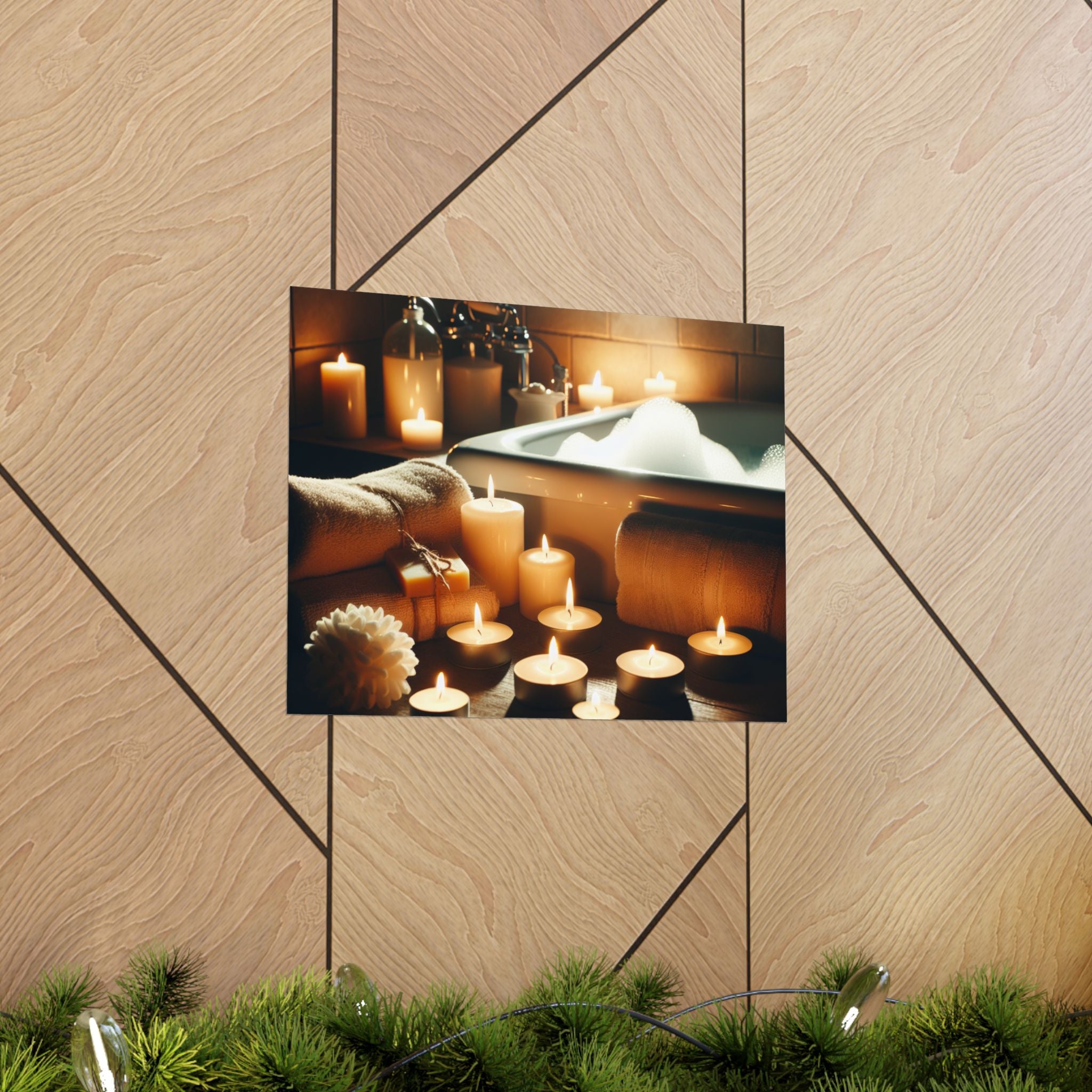 Matte poster of relaxing scene with candles and a bathtub filled with bubbles. Great idea to frame and hang in any space created or used to simply RELAX. 