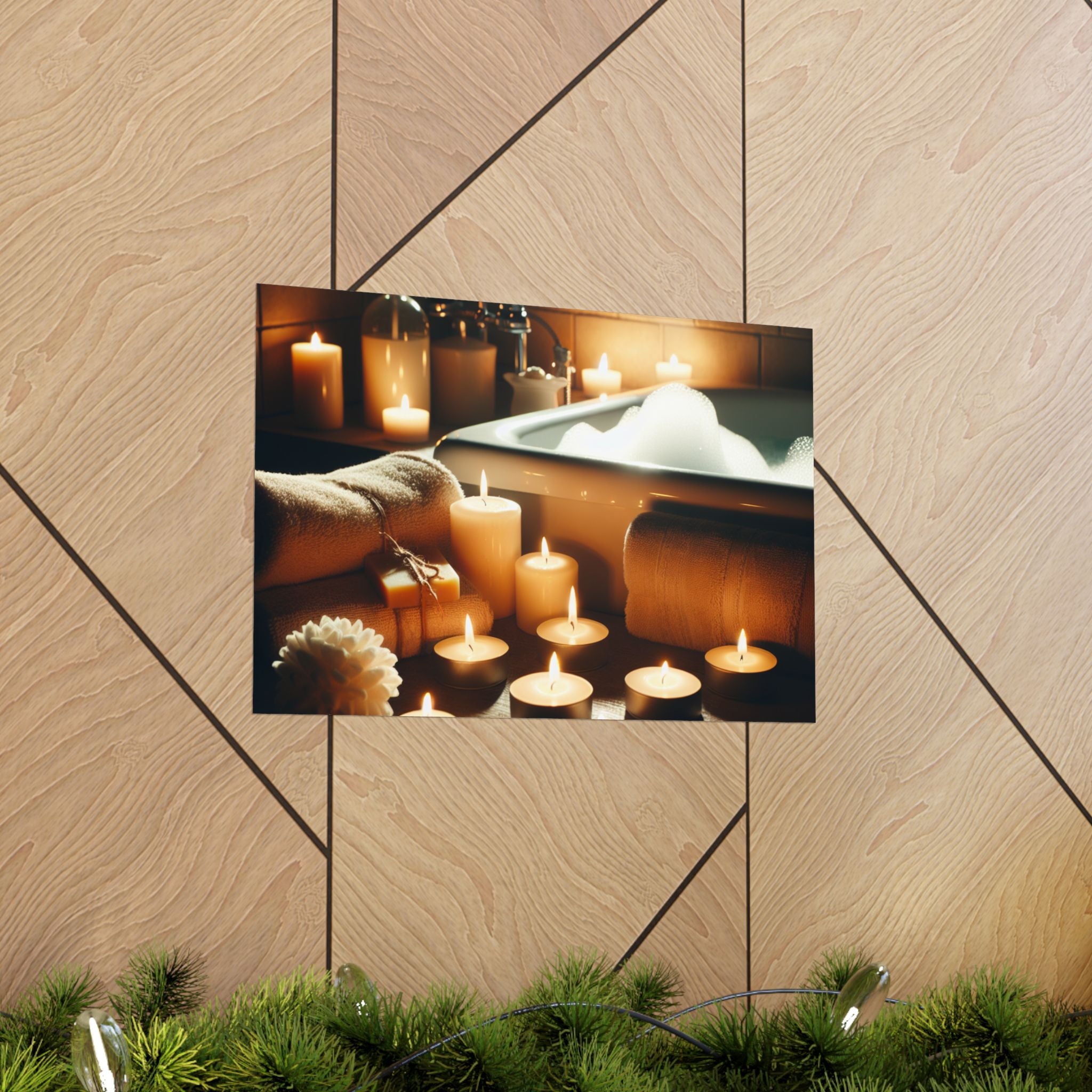 Matte poster of relaxing scene with candles and a bathtub filled with bubbles. Great idea to frame and hang in any space created or used to simply RELAX. 