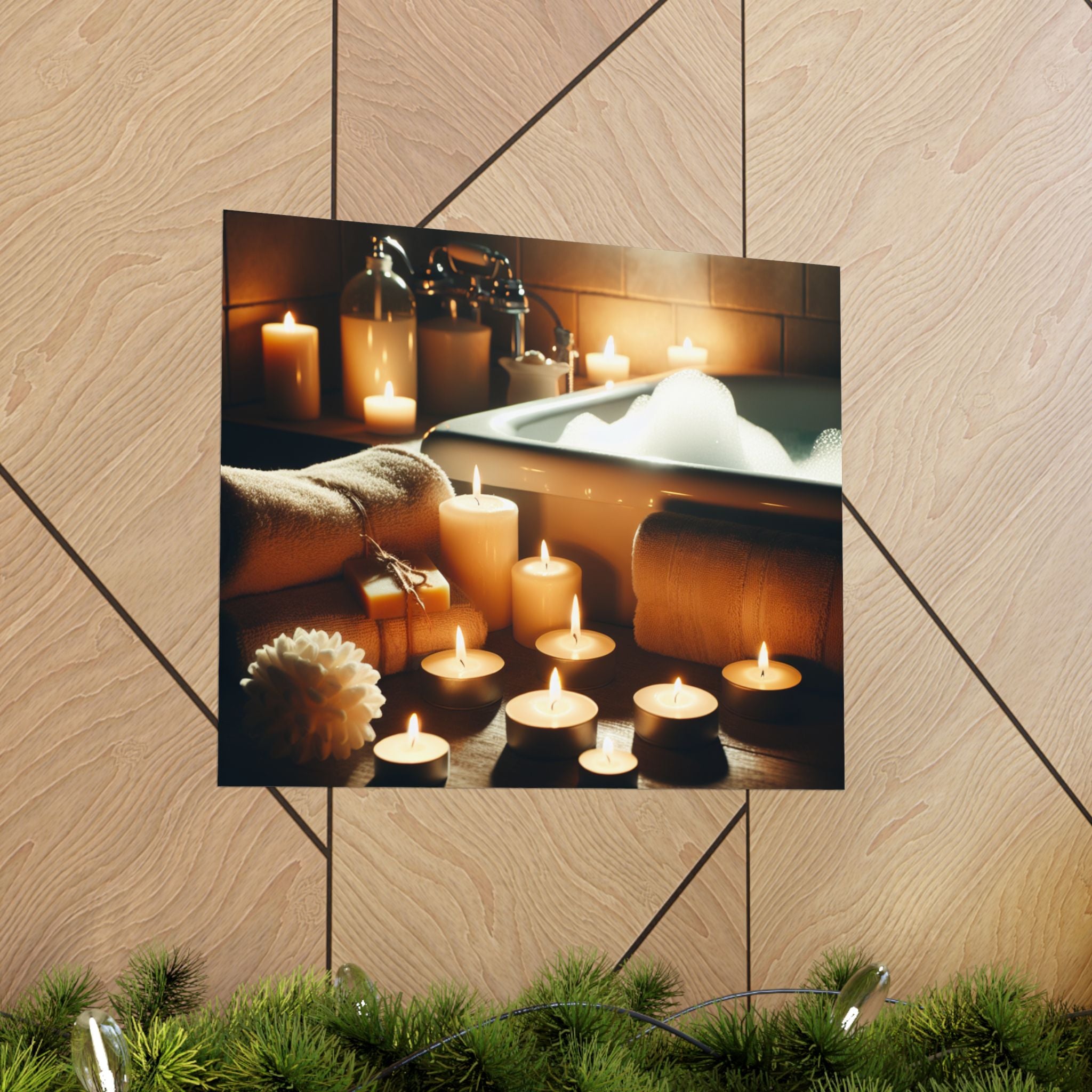 Matte poster of relaxing scene with candles and a bathtub filled with bubbles. Great idea to frame and hang in any space created or used to simply RELAX. 
