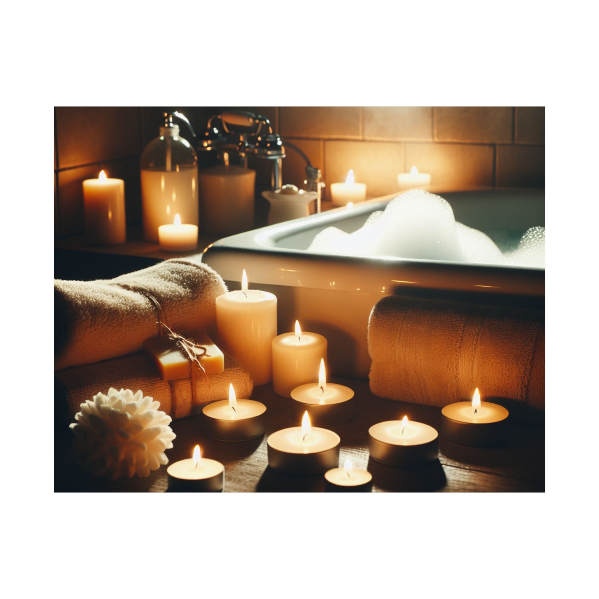 Matte poster of relaxing scene with candles and a bathtub filled with bubbles. Great idea to frame and hang in any space created or used to simply RELAX. 