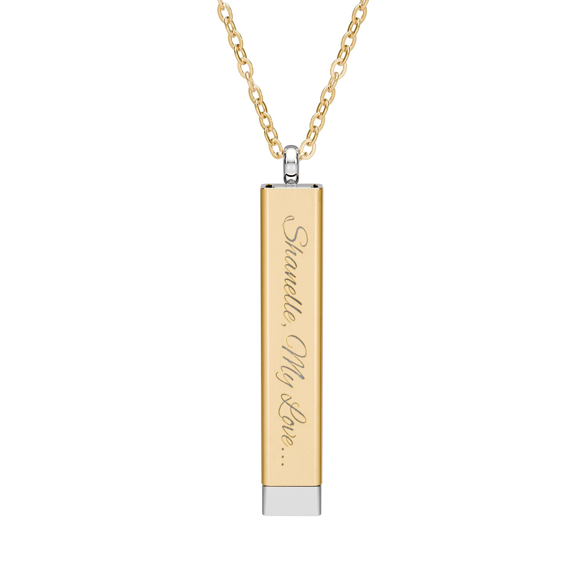 Gold secret proposal necklace with a silver insert bar engraved with words "Will You Marry Me?" on it. 
