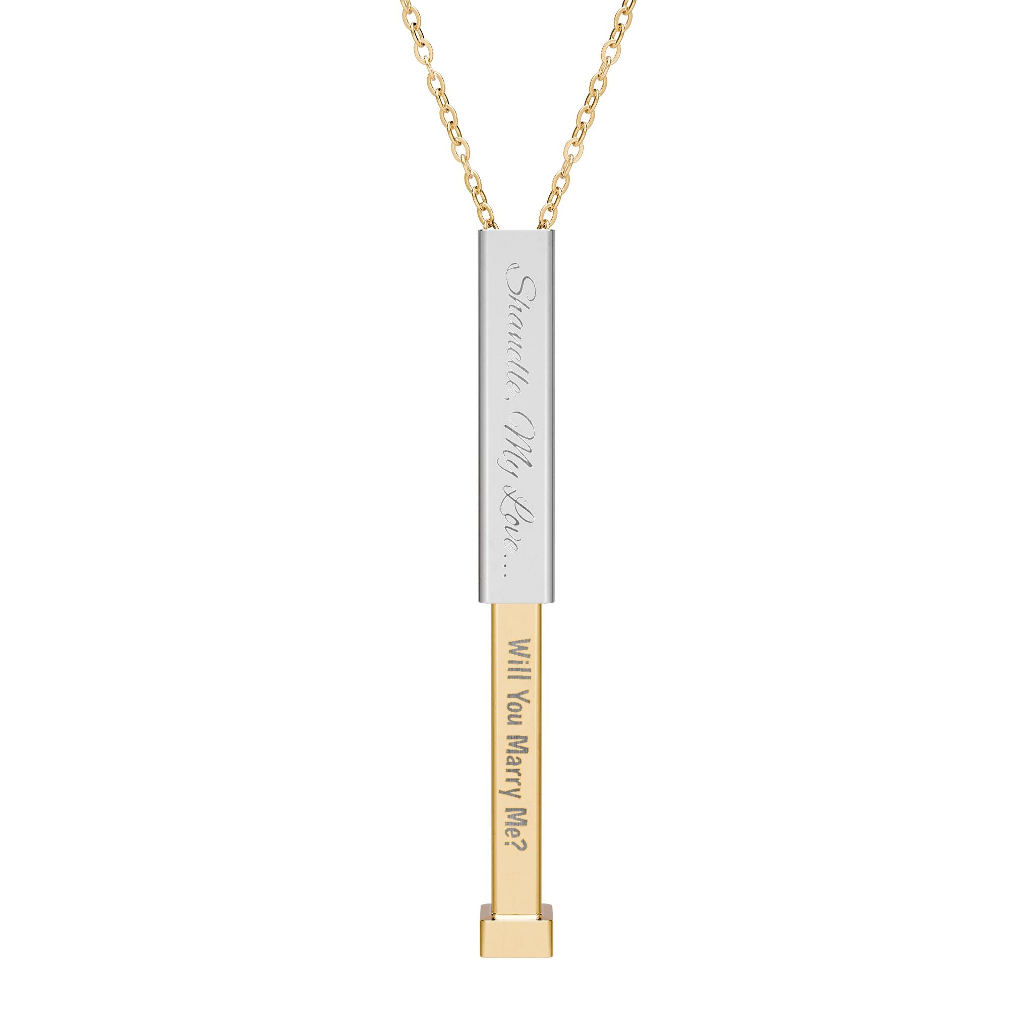 Silver secret proposal necklace with a gold insert bar engraved with words "Will You Marry Me?" on it. 