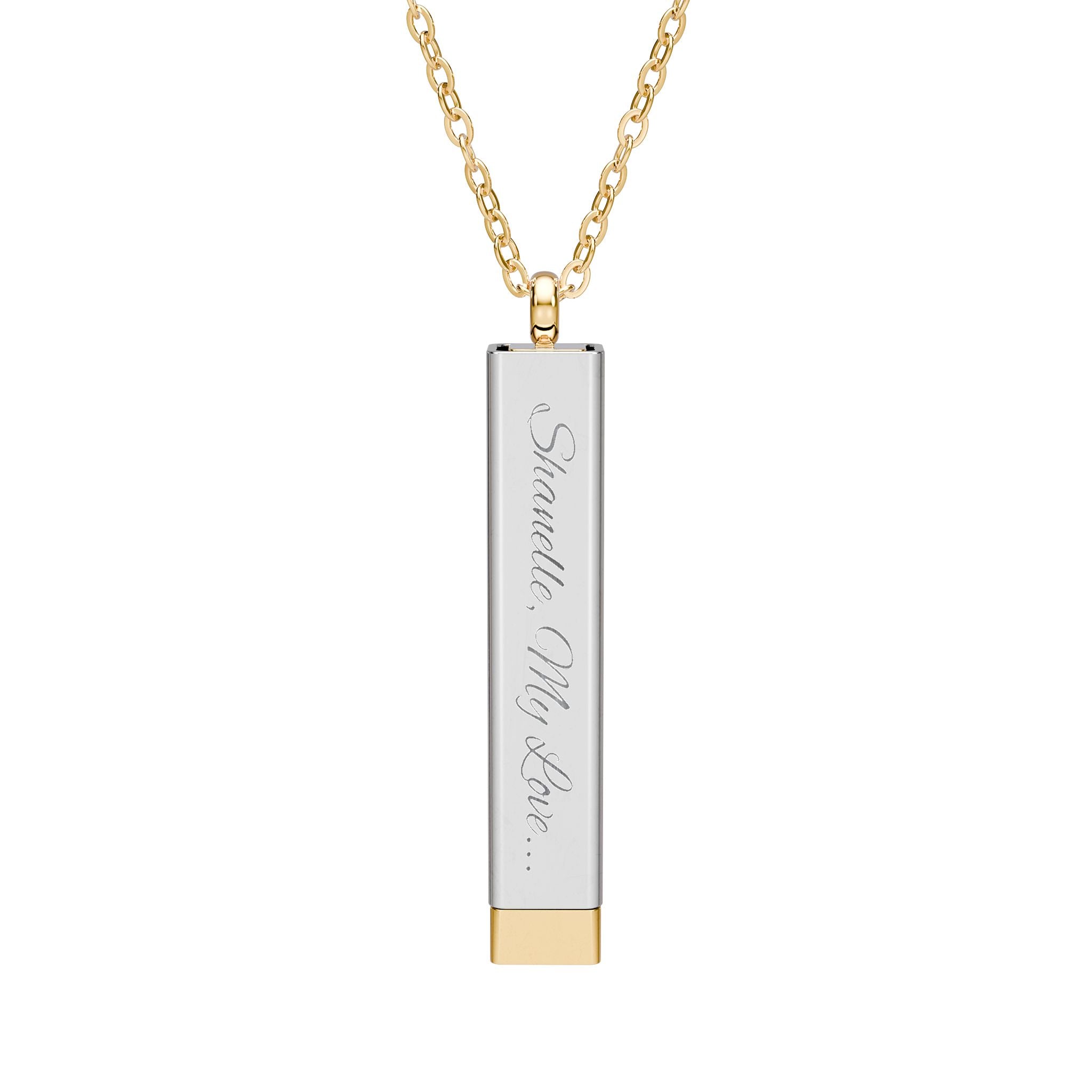 Silver secret proposal necklace with a gold insert bar engraved with words "Will You Marry Me?" on it. 