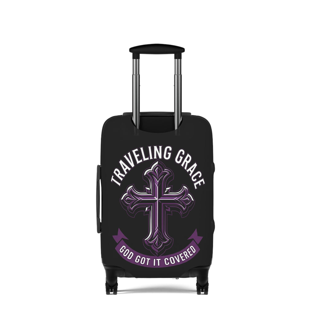 Stylish black and purple faith based "Traveling Grace" luggage cover.  Customizable - add any name to the cover. 