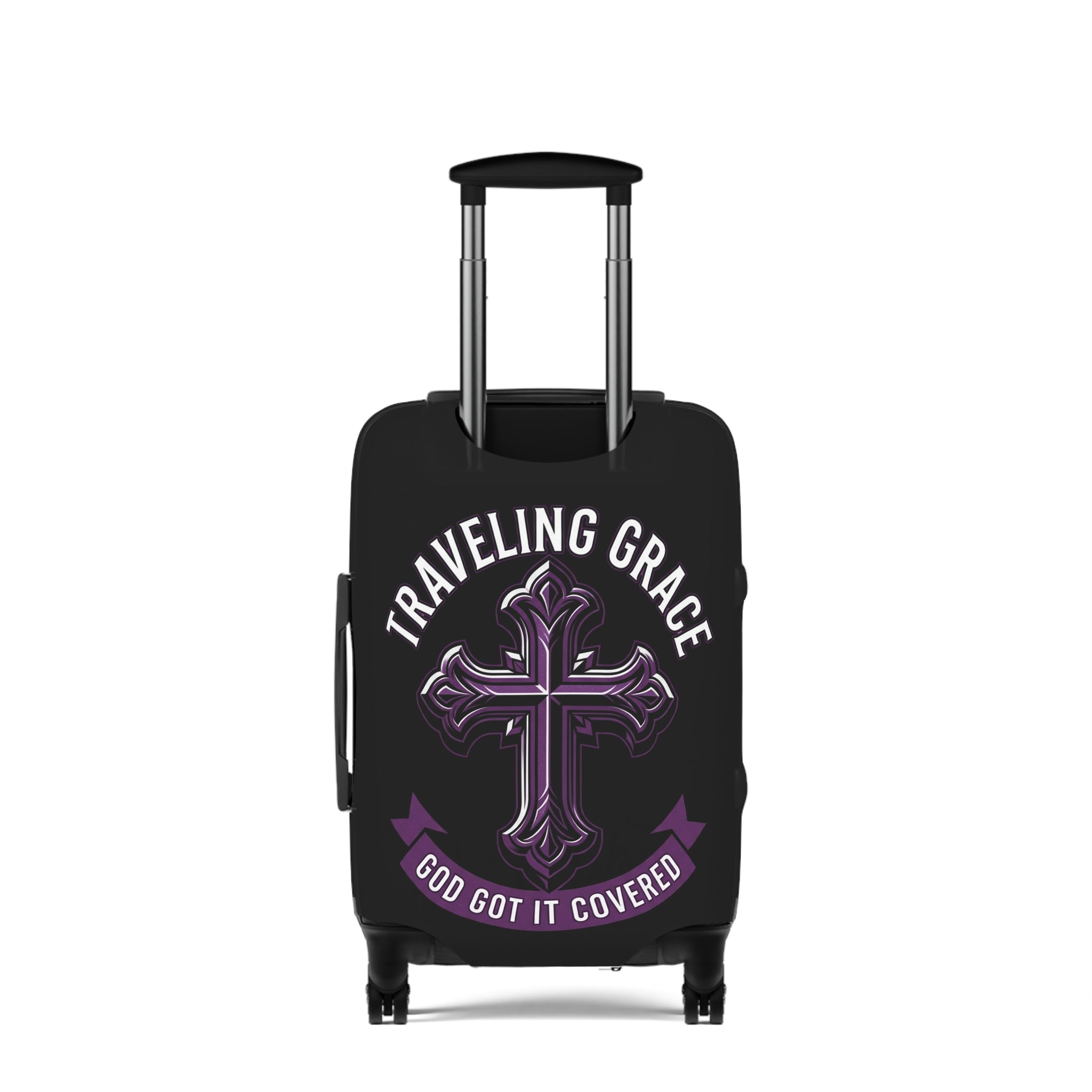 Stylish black and purple faith based "Traveling Grace" luggage cover.  Customizable - add any name to the cover. 
