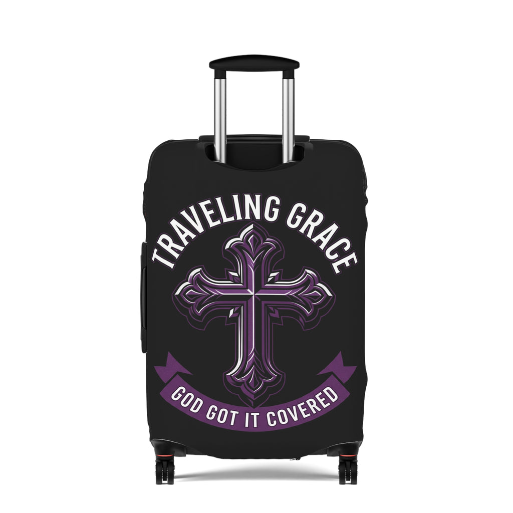 Stylish black and purple faith based "Traveling Grace" luggage cover.  Customizable - add any name to the cover. 