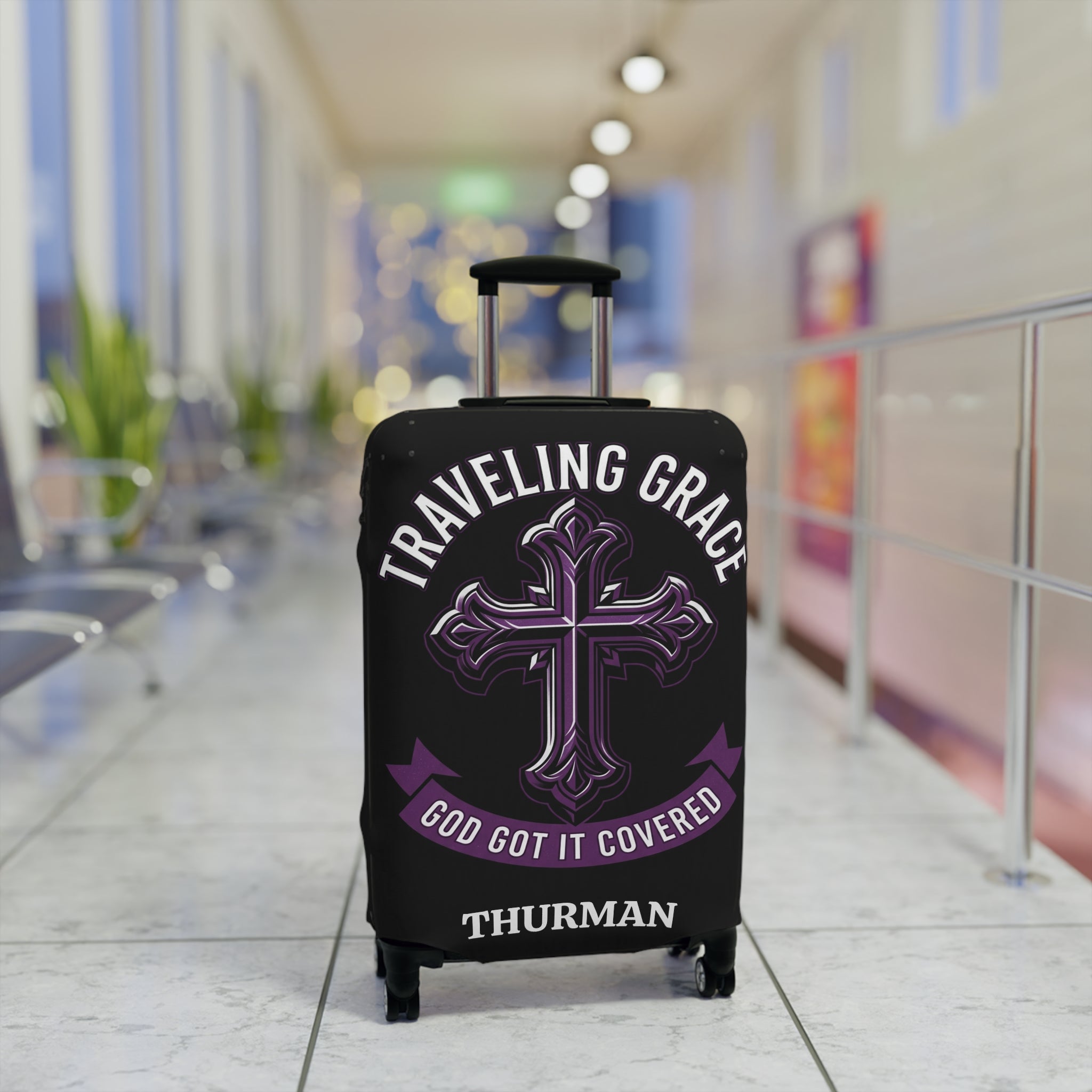 Stylish black and purple faith based "Traveling Grace" luggage cover.  Customizable - add any name to the cover. 