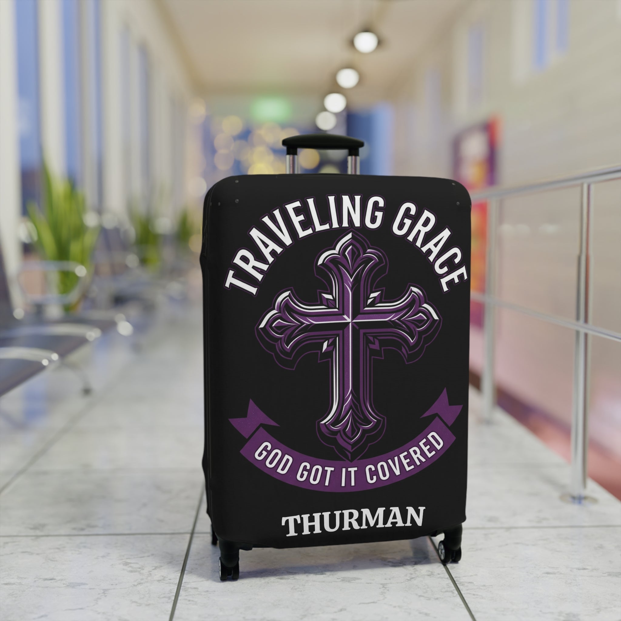 Stylish black and purple faith based "Traveling Grace" luggage cover.  Customizable - add any name to the cover. 